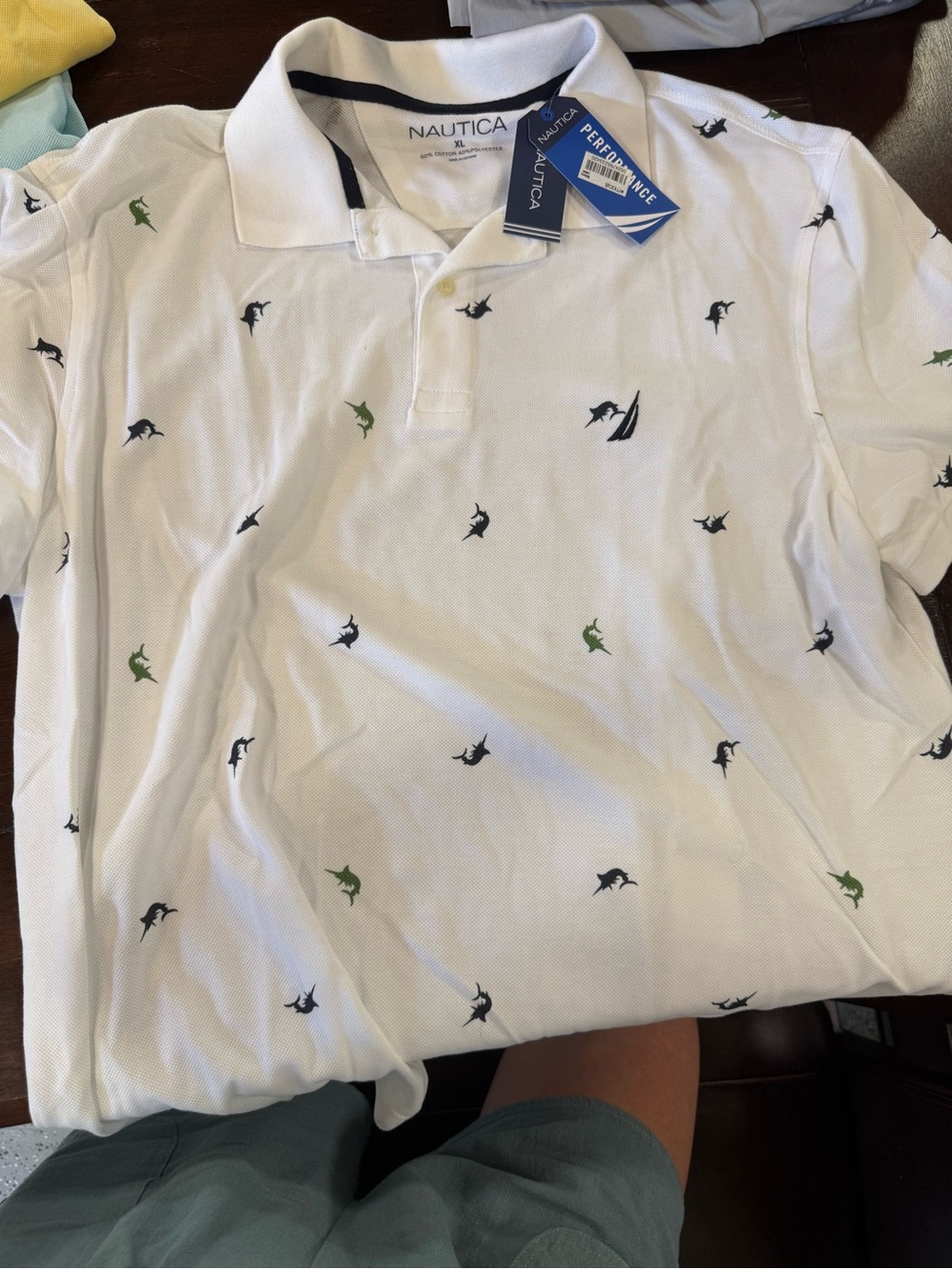 Nautica White Polo with Navy & Green Marlin Embroidery